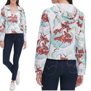 Like New Levi's White Tropical Retro Windbreaker Hooded Jacket Size Medium